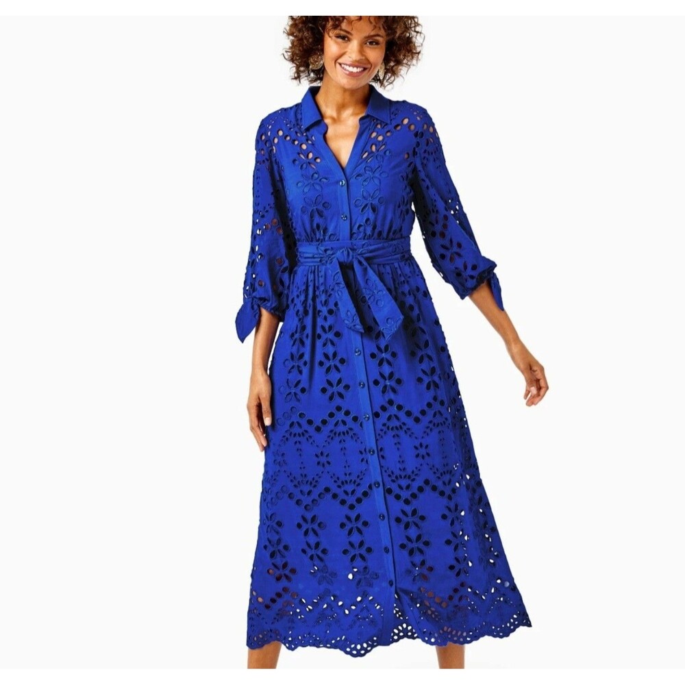Lilly Pulitzer Amrita Midi Dress Borealis Royal Blue Soiree Eyelet Size 0 READ!